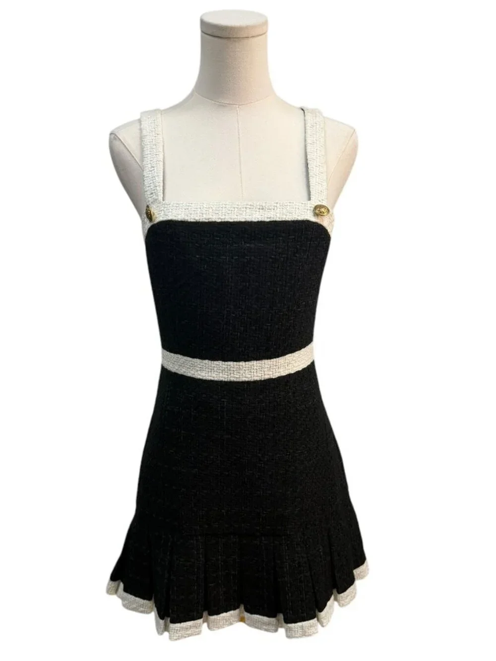NWT Alice + Olivia Clarine Black & Off White Tweed Pleated Mini Dress Size 4